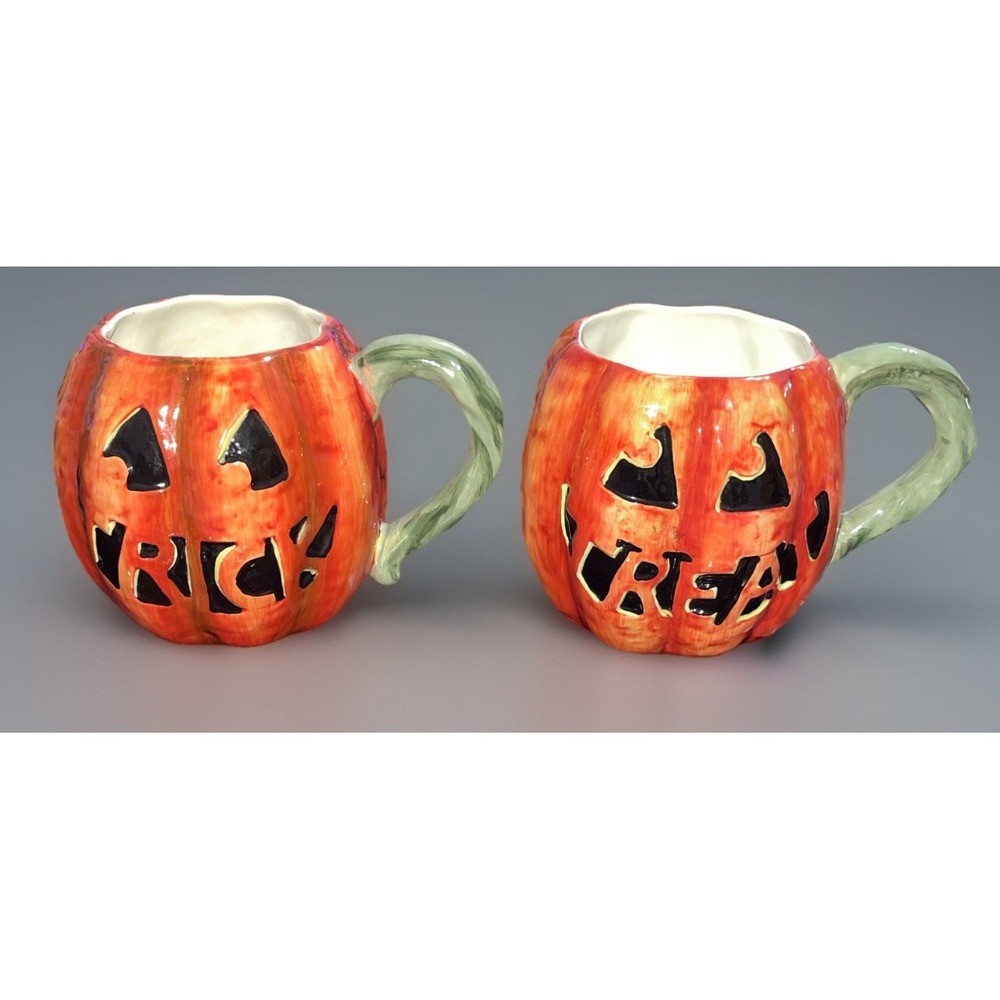 Susan Winget‎ Halloween Jack O Lantern Pumpkin Ceramic Mugs Set Trick Treat